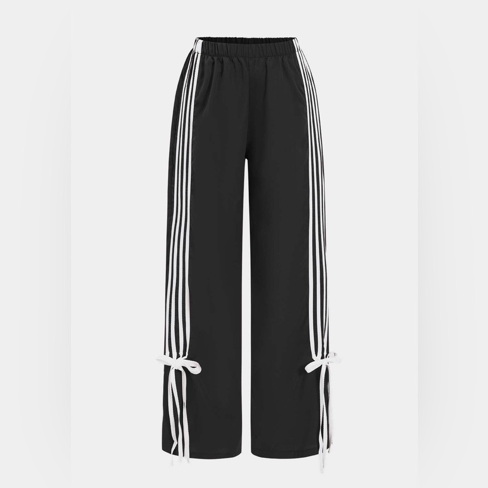 Black Wide-Leg Track Pants with White Side Stripes